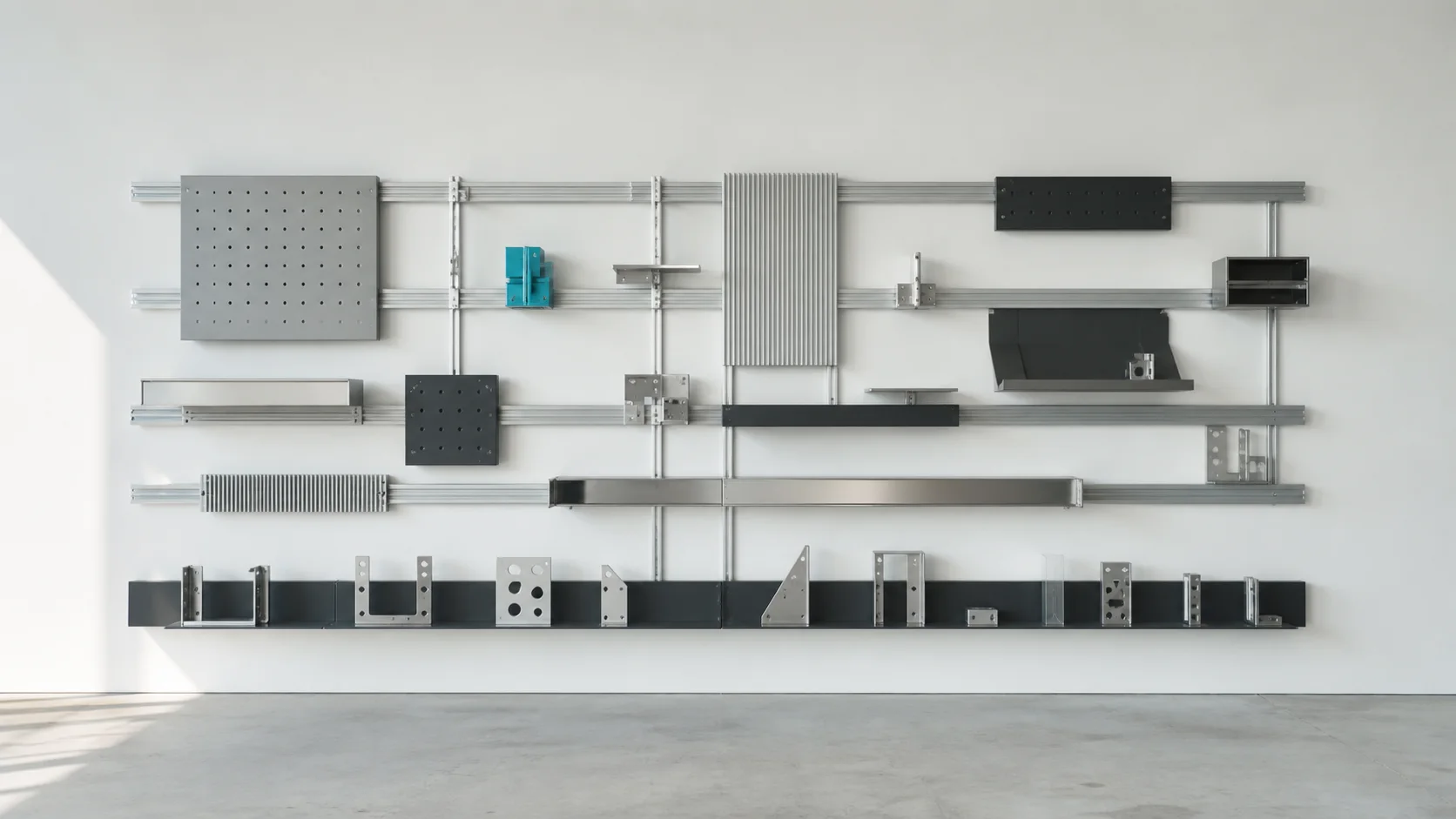 Fictional modular aluminium rail and fabricated component system on a white wall